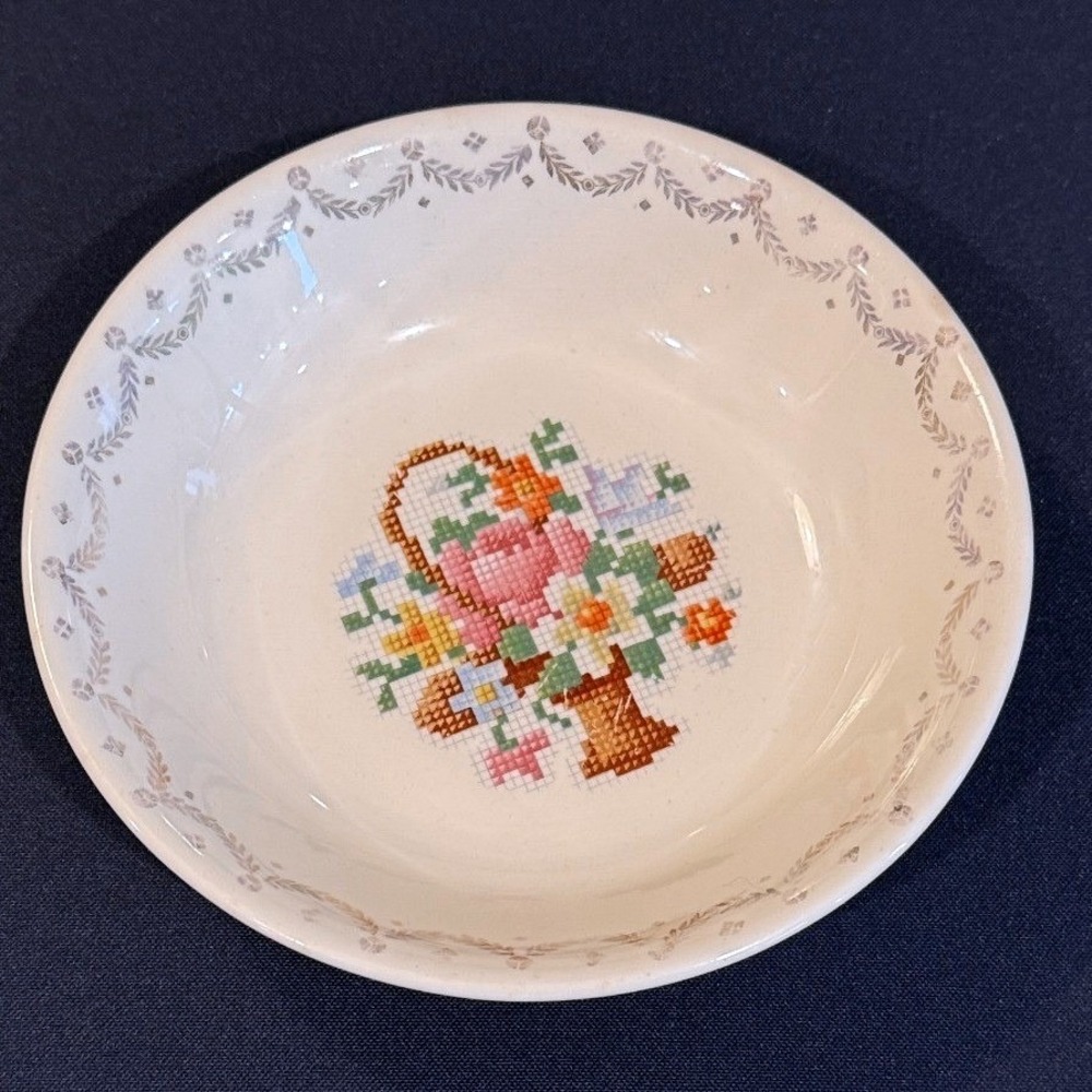 6-6" Vintage Century Salem China Bowl Cross Stitch Floral Basket 22kt Gold Trim